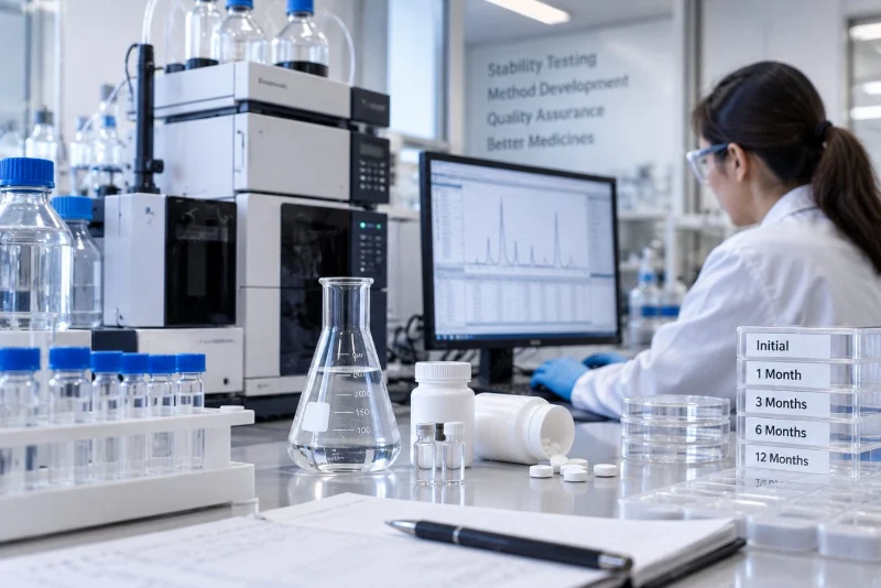 Analytical instrument column and sample vials in a testing laboratory