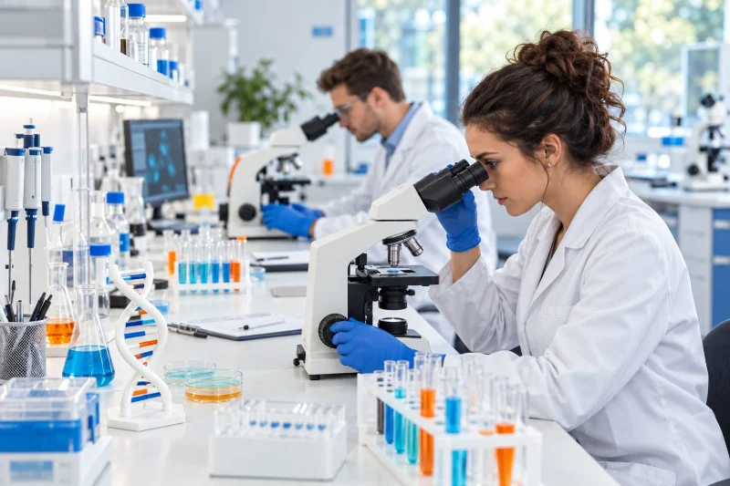 Two researchers reviewing samples at microscopes in a clinical research laboratory