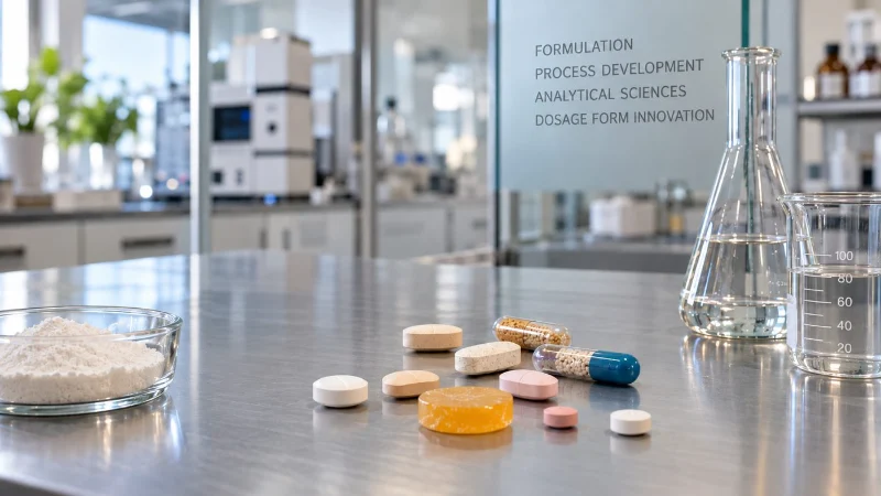 Tablets and capsules in varied shapes and colours on a stainless-steel bench