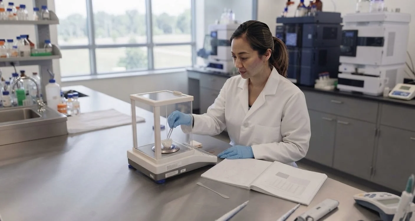Scientist weighing a formulation sample on an analytical balance at a laboratory bench