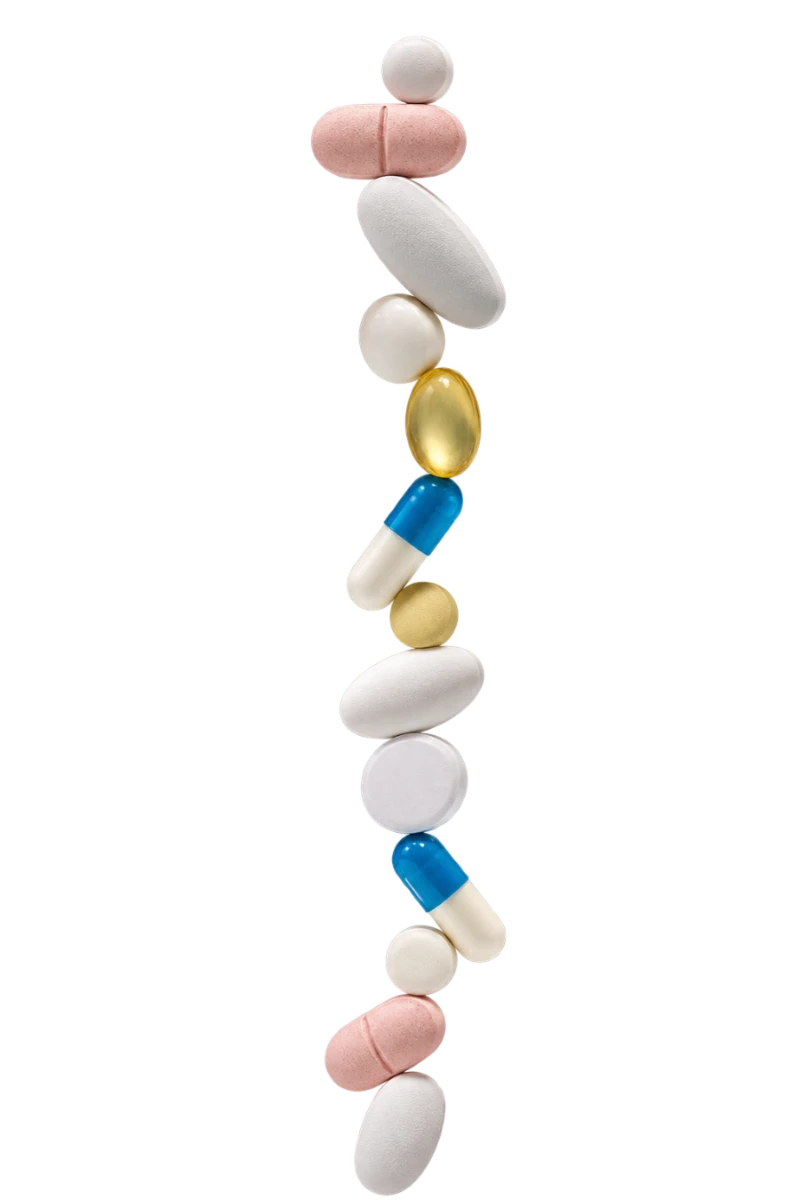 A single stacked column of tablets, capsules and softgels