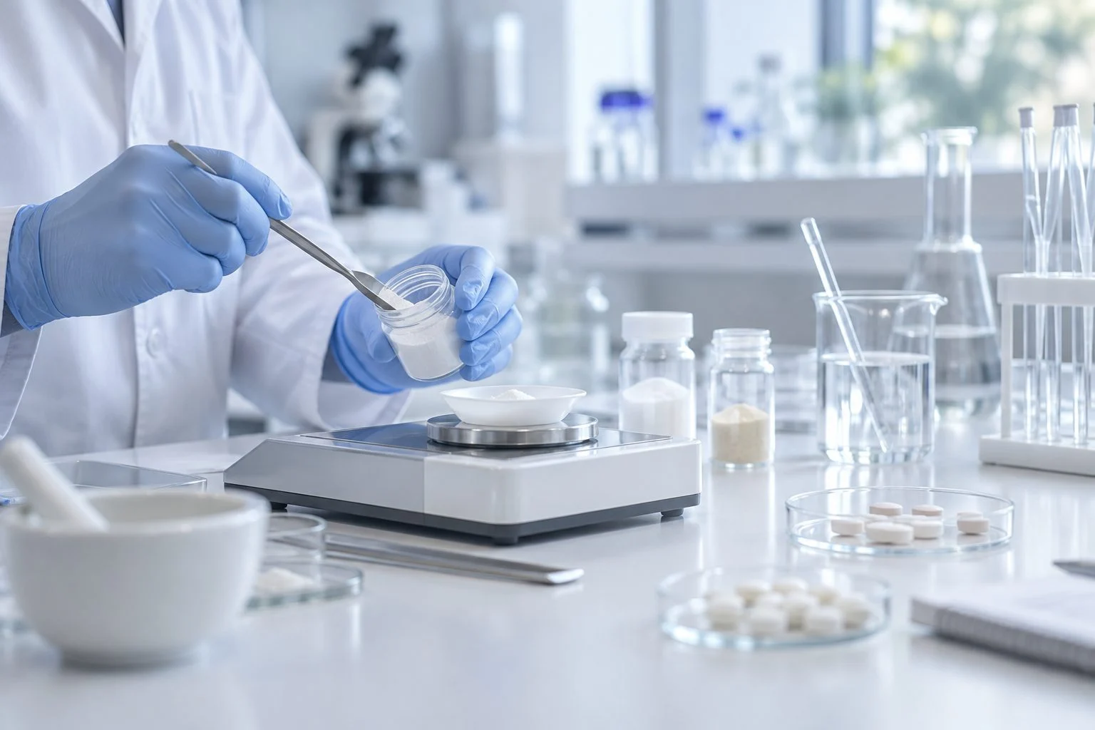 Formulation bench with excipients, weighing equipment and prototype blends