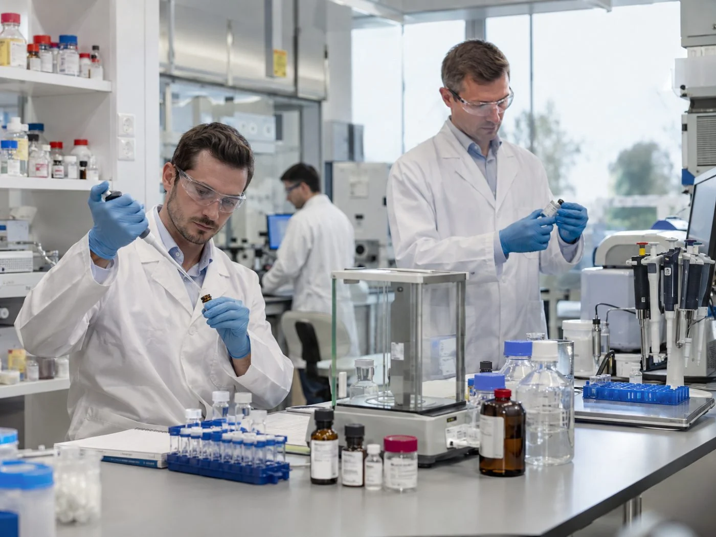 Development scientists weighing and assessing formulation samples at the bench