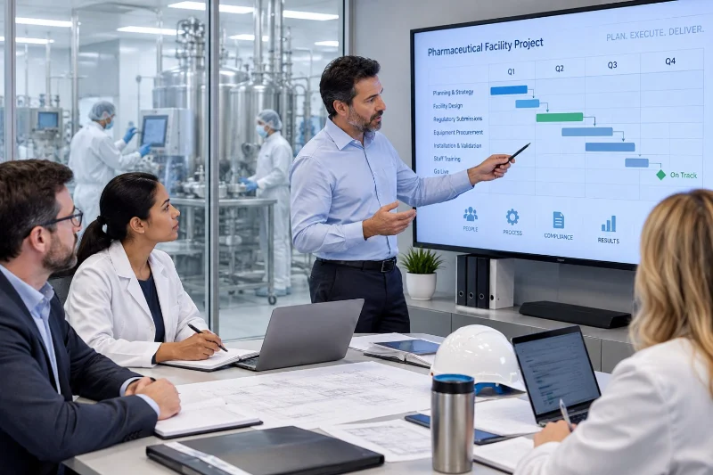 Project team reviewing a development programme schedule on screen