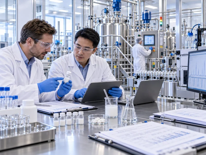 Pilot-scale production equipment on a pharmaceutical manufacturing floor