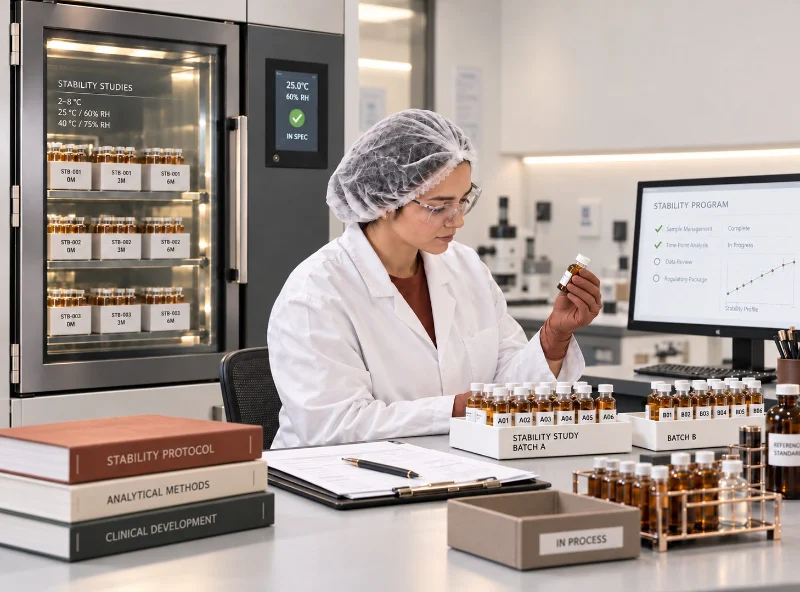 Scientist reviewing a sample beside a controlled stability chamber and protocol documentation