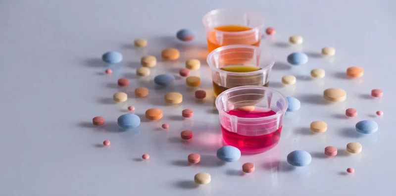 Dose cups of coloured oral liquids surrounded by tablets on a white surface